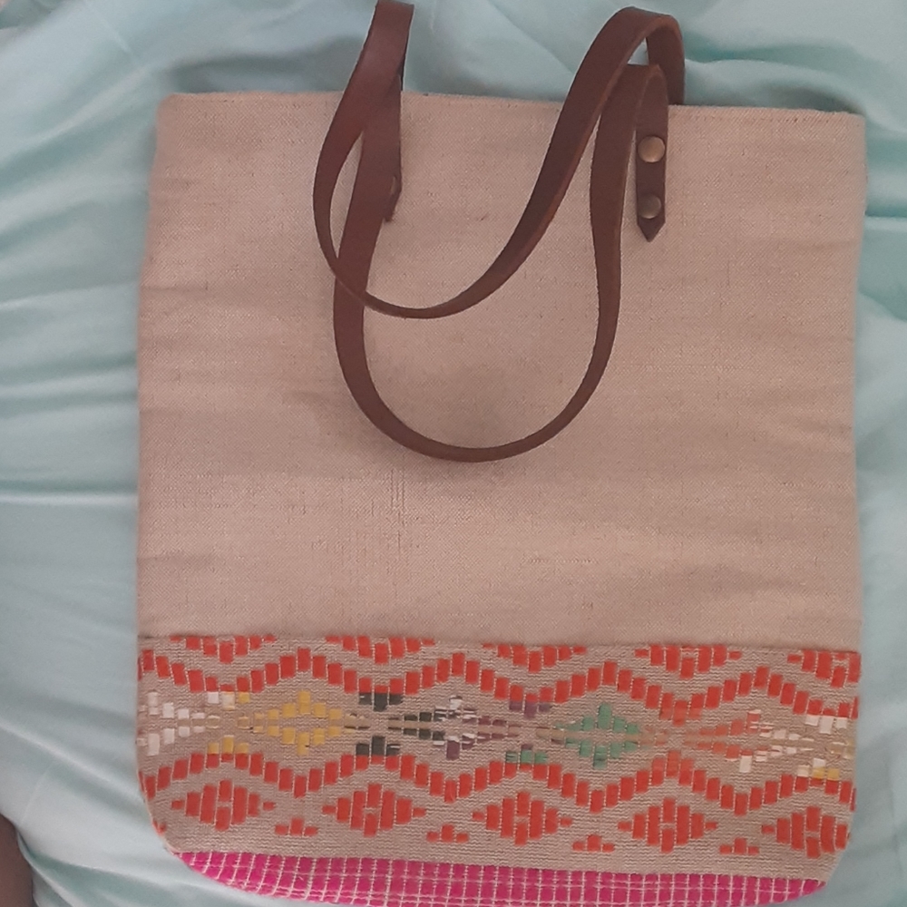 Boho hand embroidered burlap handbag